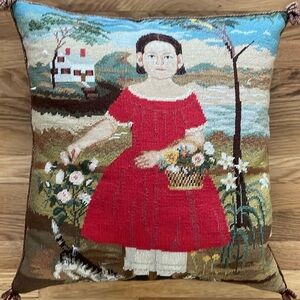 Vintage Katha Diddel Fine Art Picking Flowers Needlepoint Pillow 20 x 20